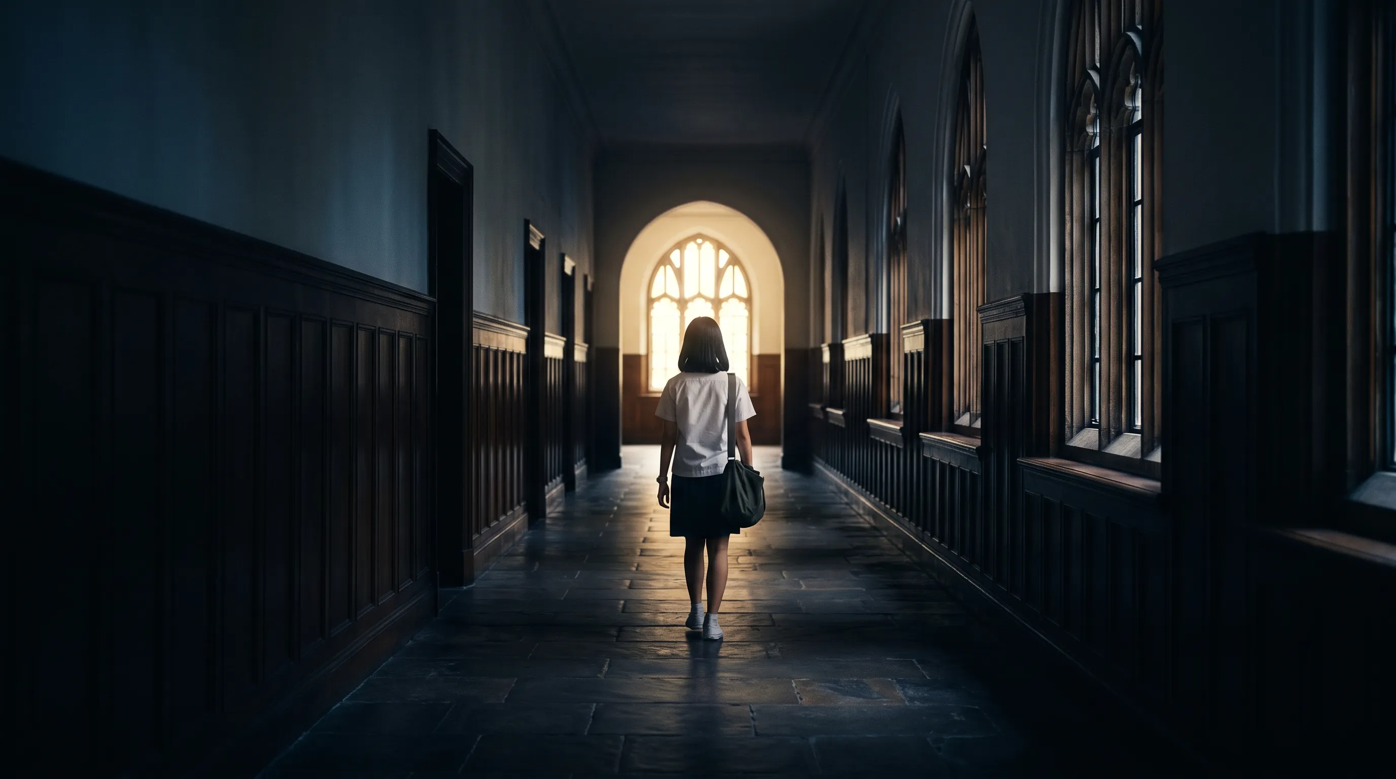 Student walking towards a lit corridor